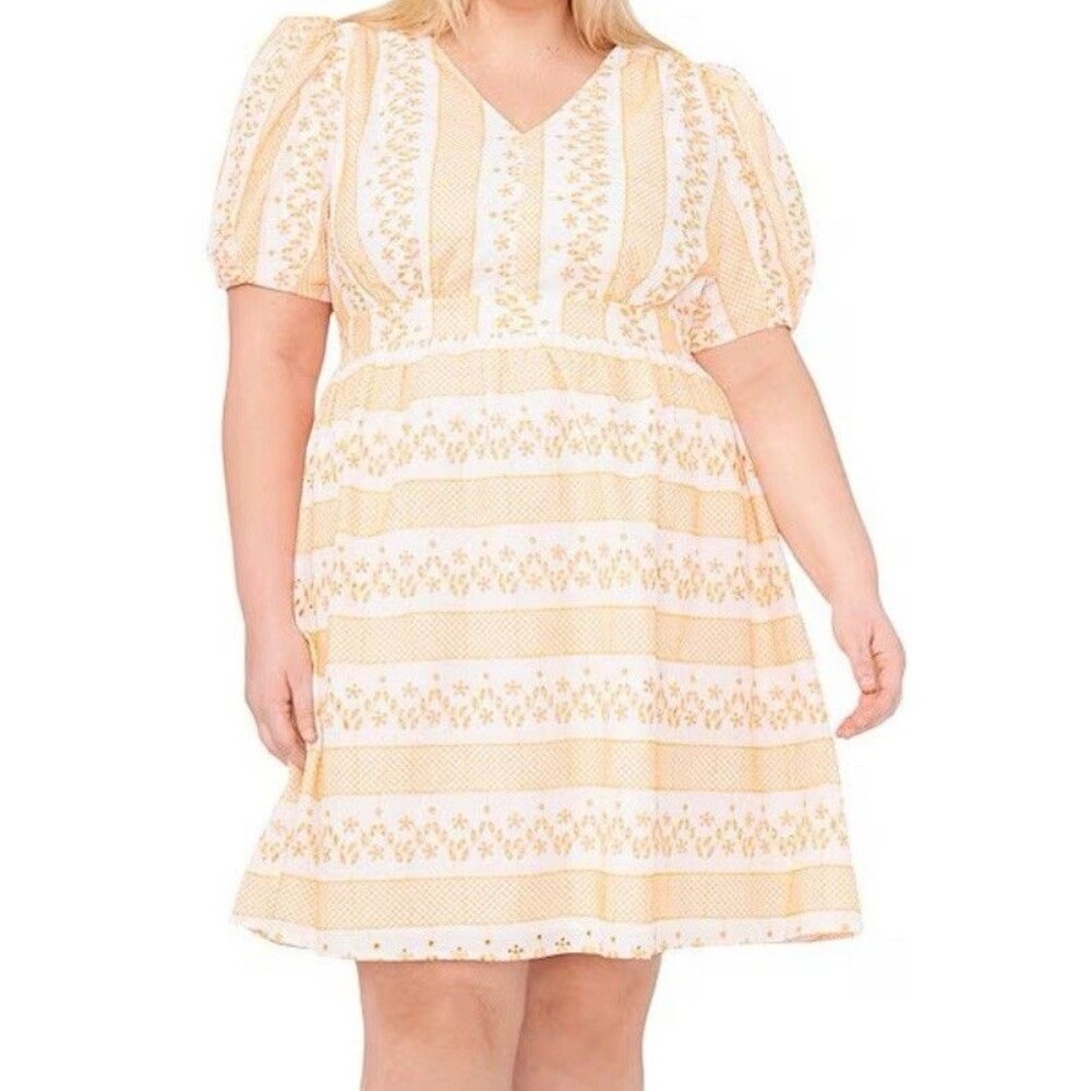 Cece Plus 2X V Neck‎ Floral Embroidered Tie Back Pockets Puff Sleeve Dress